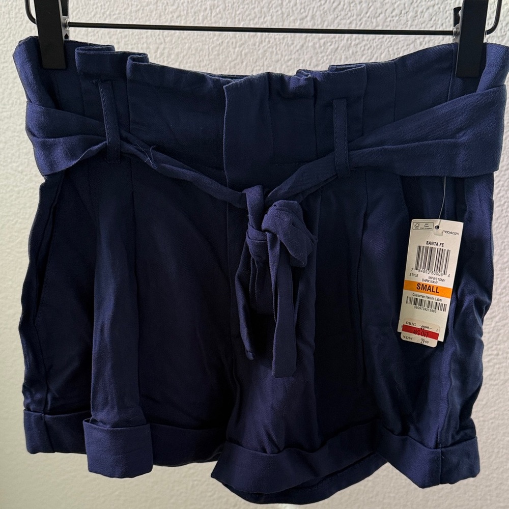Bar III Navy High-Waist Paperbag Tie-Belt Shorts